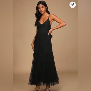 Made to be Magical Black Dotted Tie-Back Tiered Midi Dress